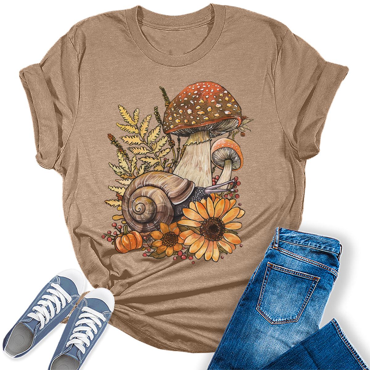 Fall Mushroom Snail Flowers Goblincore Graphic Tees For Women