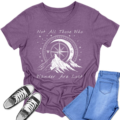 Girl's Short Sleeve Graphic Tees Cute Hiking Not All Those Who Wander Are Lost Shirt Casual Fall Tops