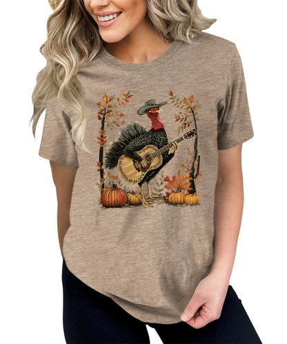 Turkey Playing Guitar Shirt Women Thanksgiving Graphic Tees