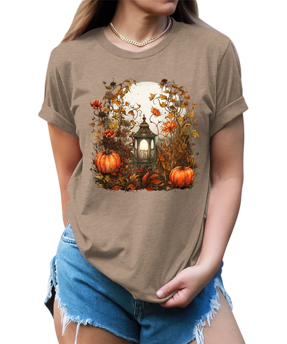 Moon Lantern Fall Floral Pumpkin Graphic Tees for Women