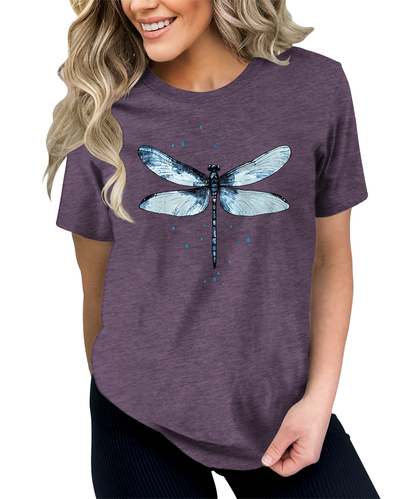 Women's Graphic Tees Casual Summer Vintage Dragonfly Printed Short Sleeve Cute T Shirts Tops