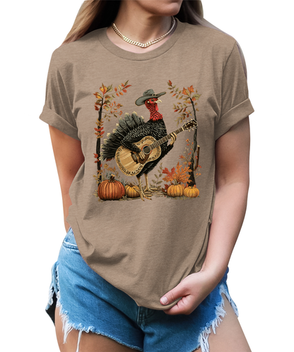 Turkey Playing Guitar Shirt Women Thanksgiving Graphic Tees