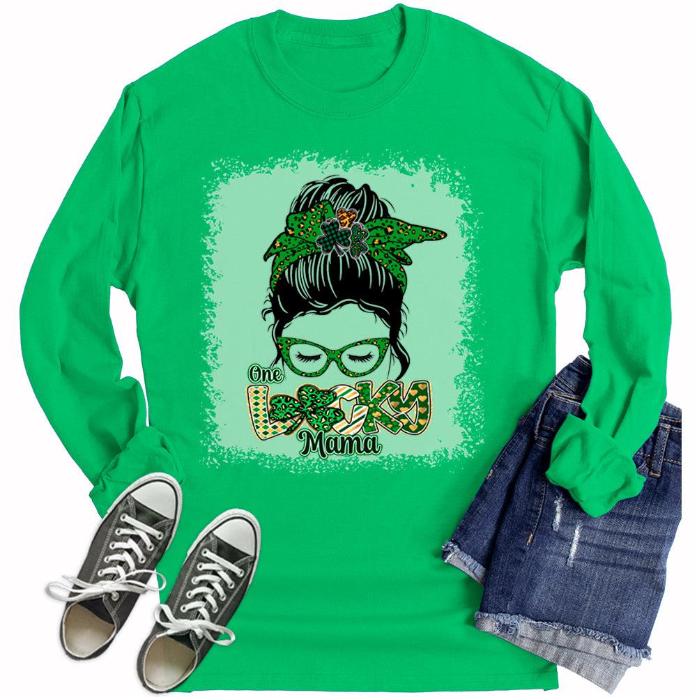 One Lucky Mama Top St Patricks Day Shirt Womens Long Sleeve Bleach Print Graphic Tees