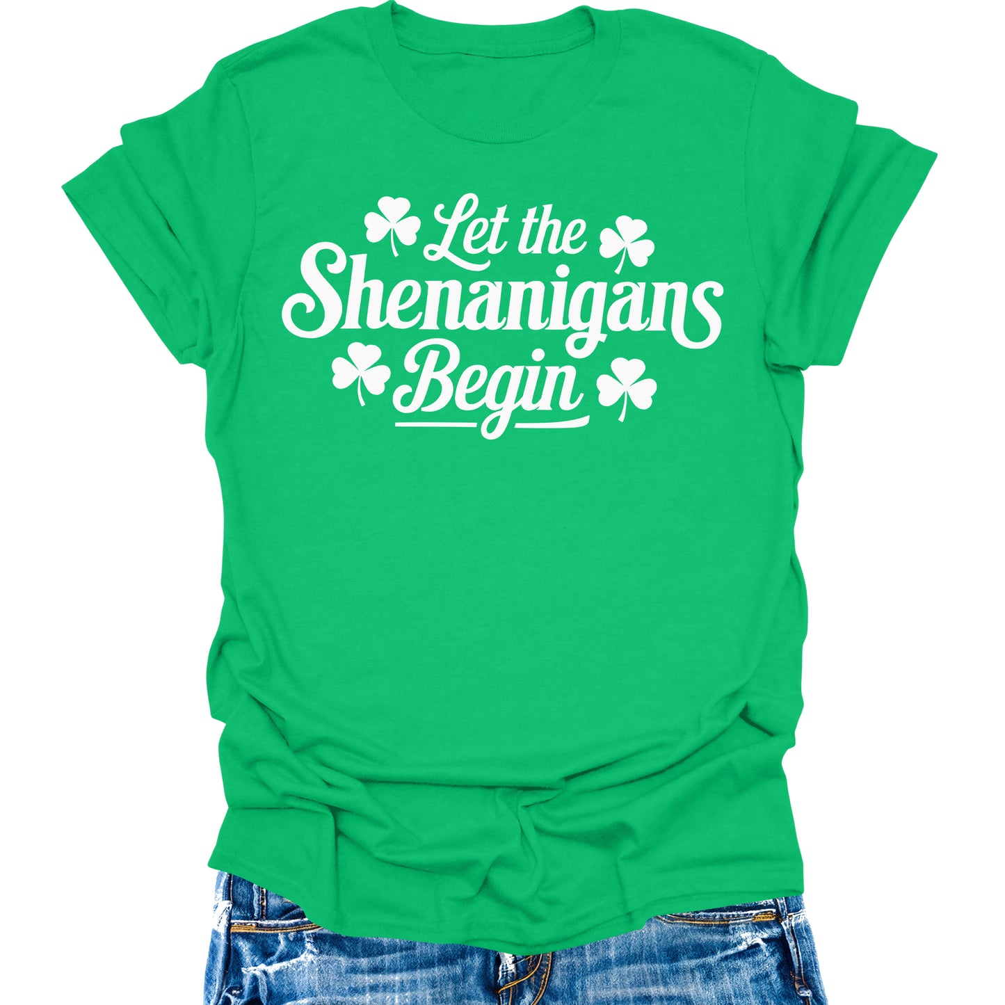 St Patrick's Day Let The Shenanigans Begin Irish Shamrock Green Clover Letter Print Women's T-Shirt