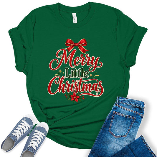 GyftWear Merry Little Christmas Bow Women's Holiday Graphic Tee Shirt