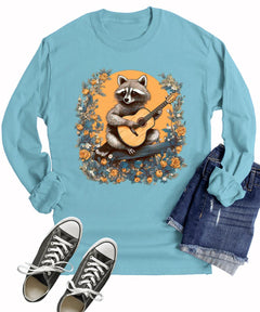 Cottagecore Raccoon Playing Guitar Floral Long Sleeve T-Shirt
