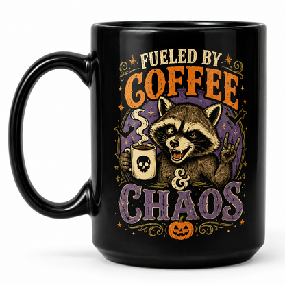 Fueled by Coffee & Chaos Raccoon Halloween Mug – Funny 15oz Black Coffee Mug