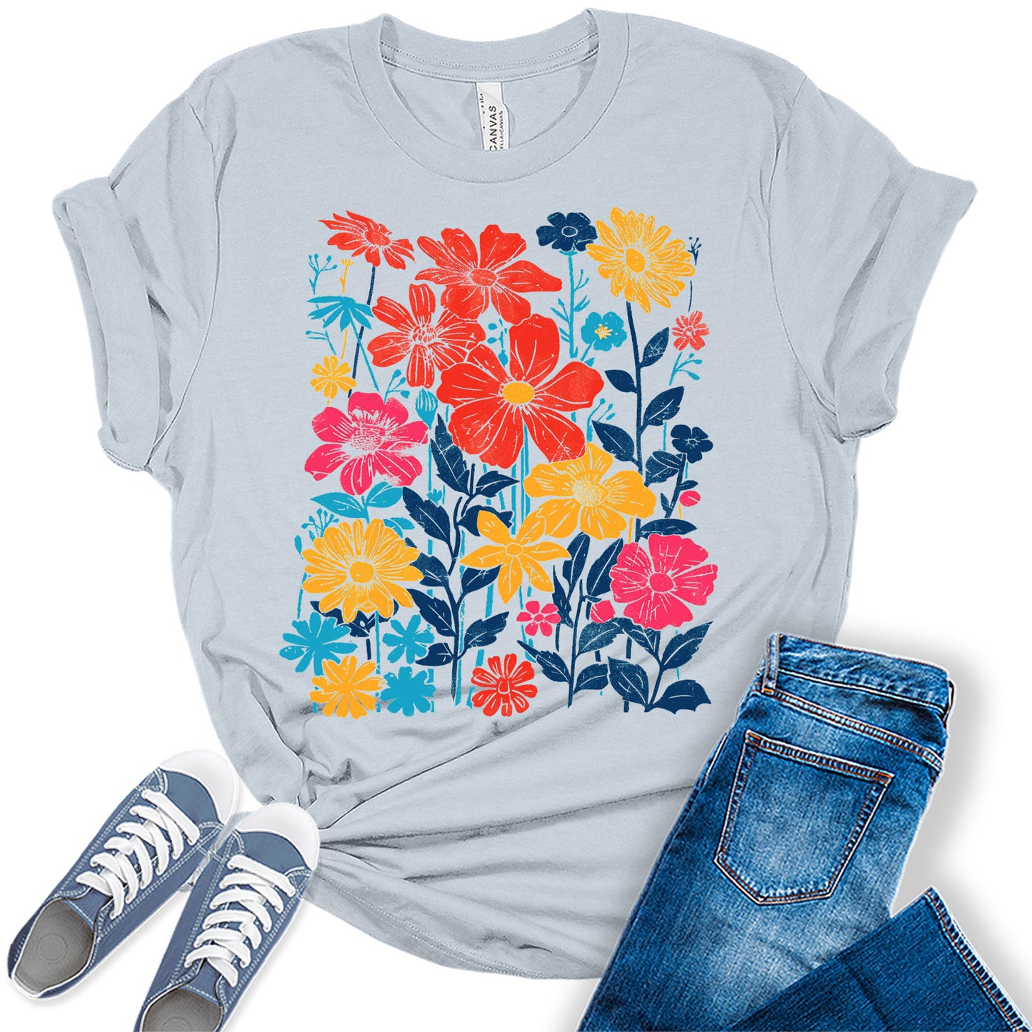 Boho Shirts for Women Floral Wildflower Graphic Tees Retro Vintage Plus Size Summer Tops