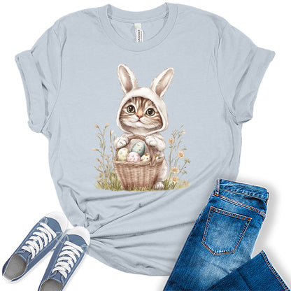 Easter Shirt for Women Cute Bunny Cat Kitten with Eggs Vintage Spring Bella Plus Size Graphic Tee