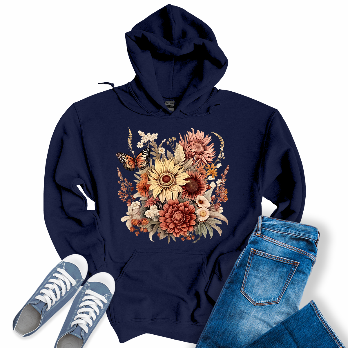 Womens Wildflower Floral Butterfly Casual Graphic Hoodie