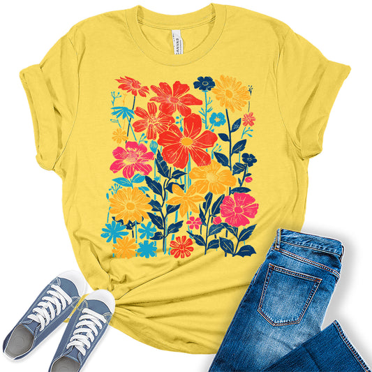 Boho Shirts for Women Floral Wildflower Graphic Tees Retro Vintage Plus Size Summer Tops