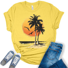 Beach Shirts for Women Palm Tree Sunset T Shirt Trendy Plus Size Summer Tops