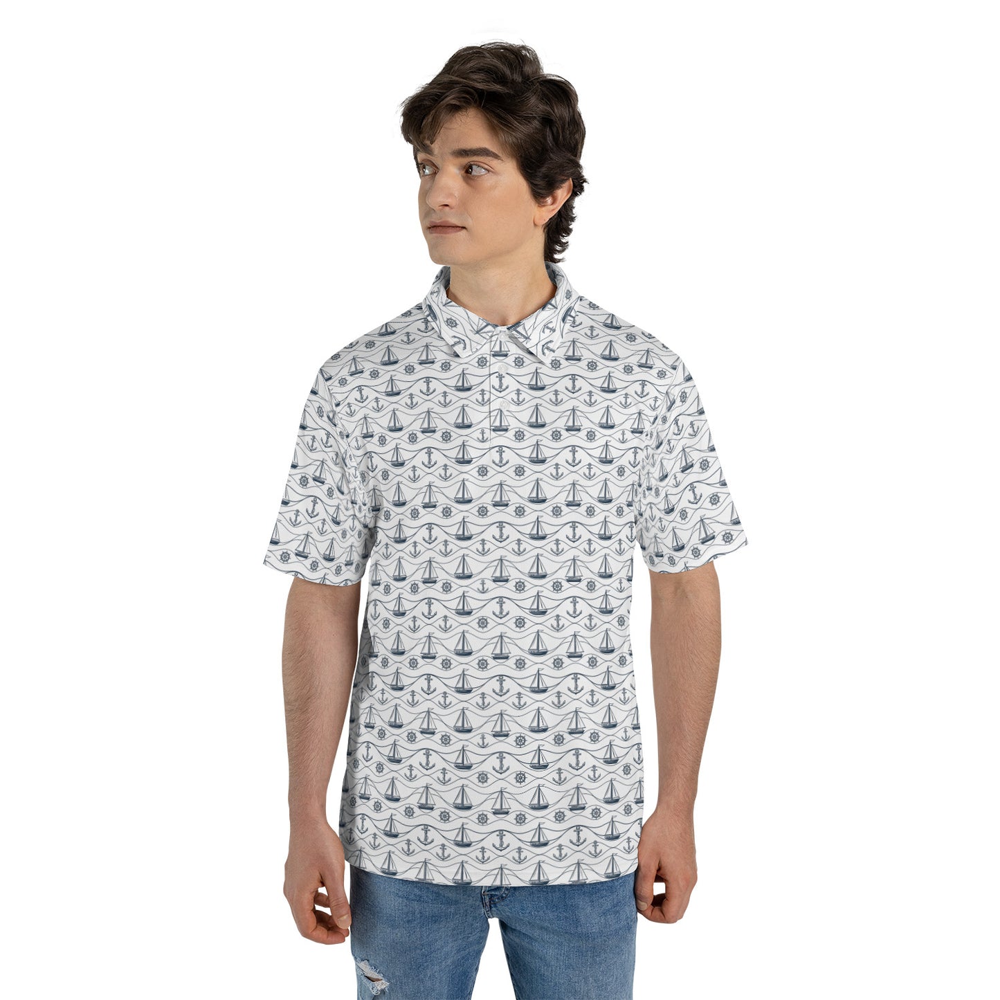 Mens Golf Polo Shirts Nautical Navy Short Sleeve Dry Fit Performance Moisture Wicking Casual Golf Shirts for Men
