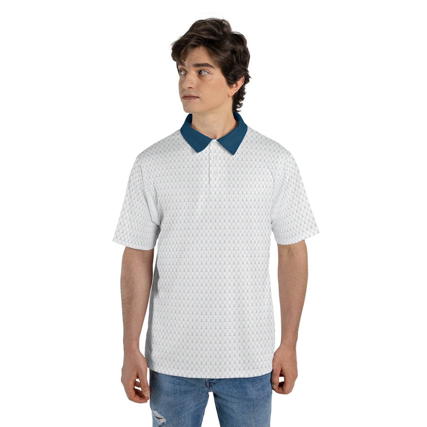 Golfer Polo Shirt for Men White Blue Moisture Wicking Short Sleeve Vacation Golf Top