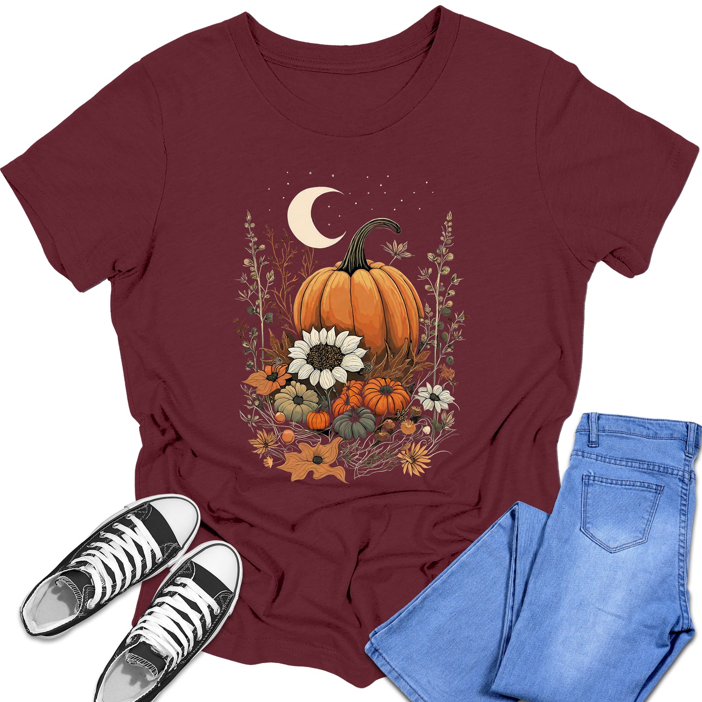 Girl's Short Sleeve Graphic Tees Cute Floral Moon Pumpkin Shirt Back To School Fall Tops