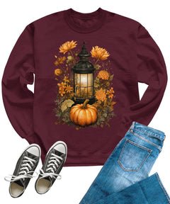 Womens Fall Pumpkin Lantern Cottagecore Crewneck Sweatshirt