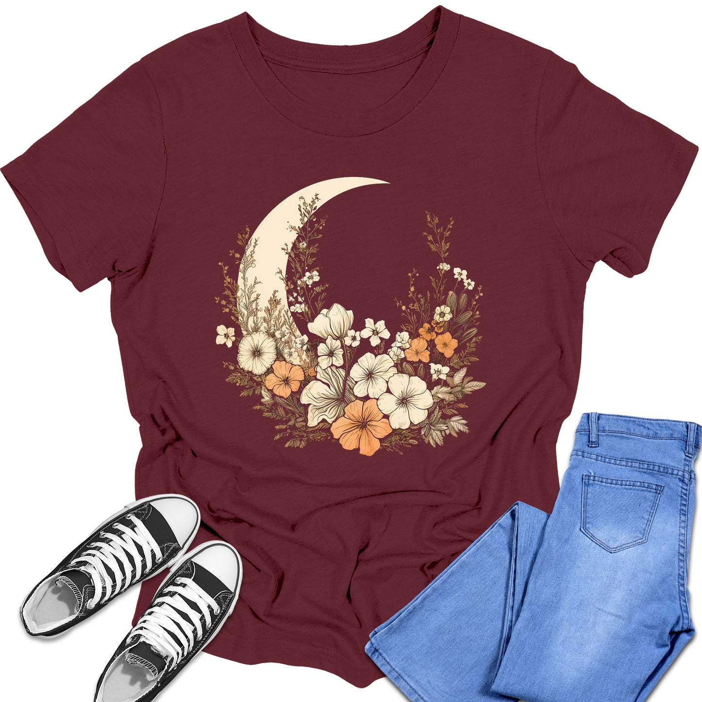 Boys and Girls Trendy Crescent Moon Floral Graphic Tees