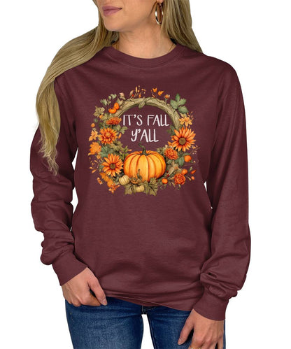 It's Fall Y'all Floral Pumpkin Autumn Wreath Long Sleeve T-Shirt
