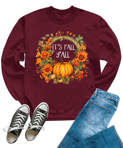 It's Fall Y'all Floral Pumpkin Autumn Wreath Crewneck Sweatshirt