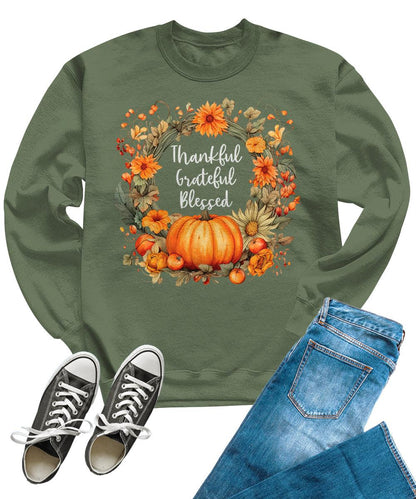 Thankful Grateful Blessed Thanksgiving Floral Fall Crewneck Sweatshirt