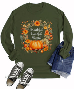 Thankful Grateful Blessed Thanksgiving Floral Fall Long Sleeve T-Shirt