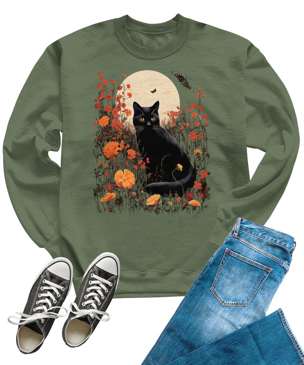 Floral Cat Fall Sweatshirts For Women Cute Autumn Crewnecks Cozy Thanksgiving Tops