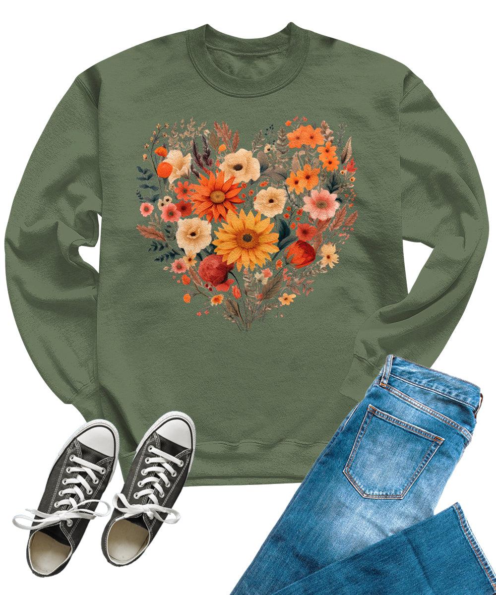 Fall Floral Heart Cute Crewneck Sweatshirts for Women Autumn Tops