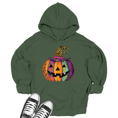 Women's Halloween Jack-O-Lantern Leopard Print Witch Hat Pumpkin Hoodie