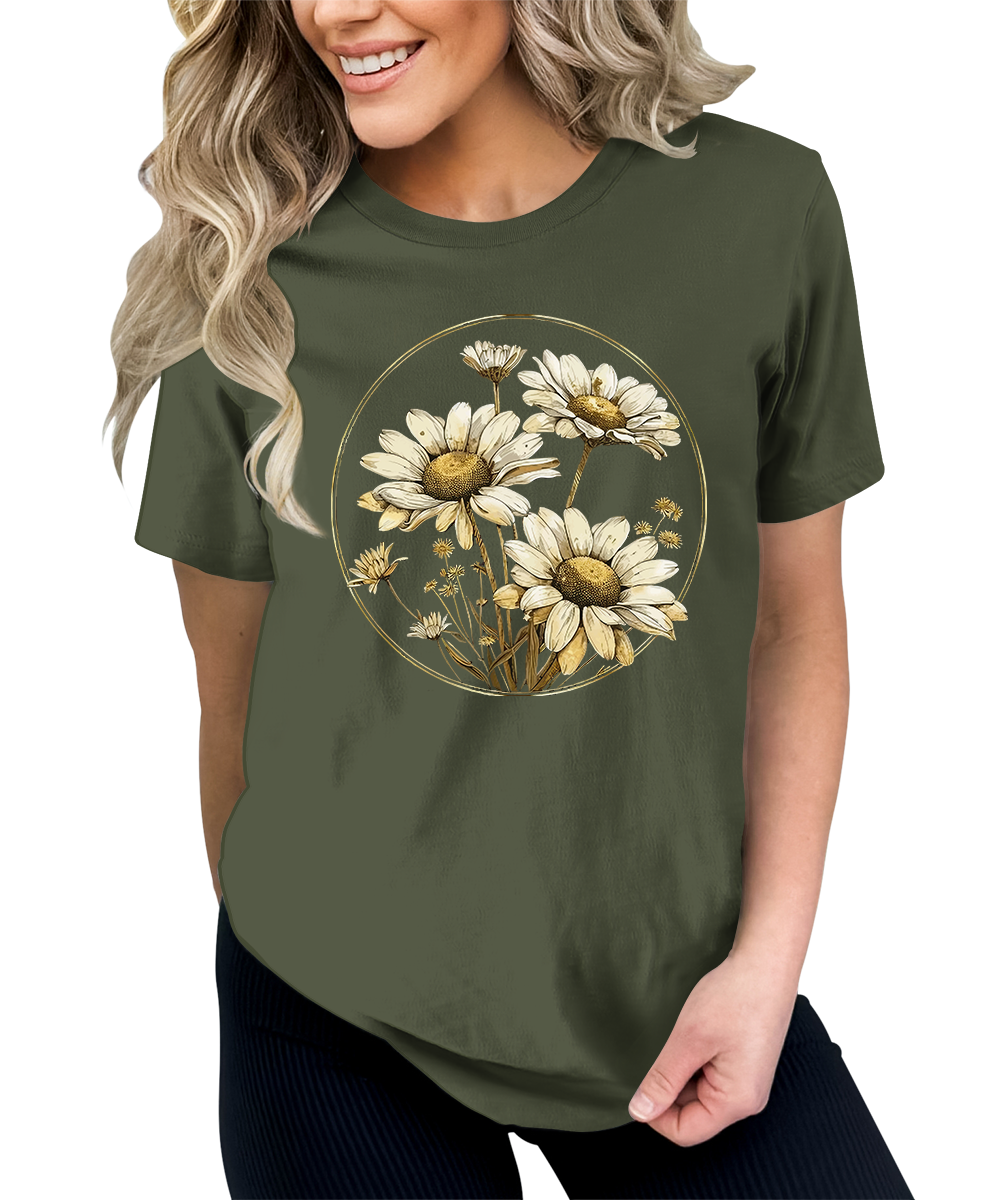 Women's Vintage Floral Daisy T Shirt Boho Wildflower Graphic Loose Tees Short Sleeve Casual Tops