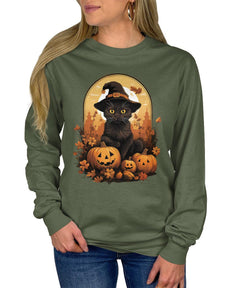 Cute Black Cat Floral Halloween Pumpkins Fall Long Sleeve T-Shirt