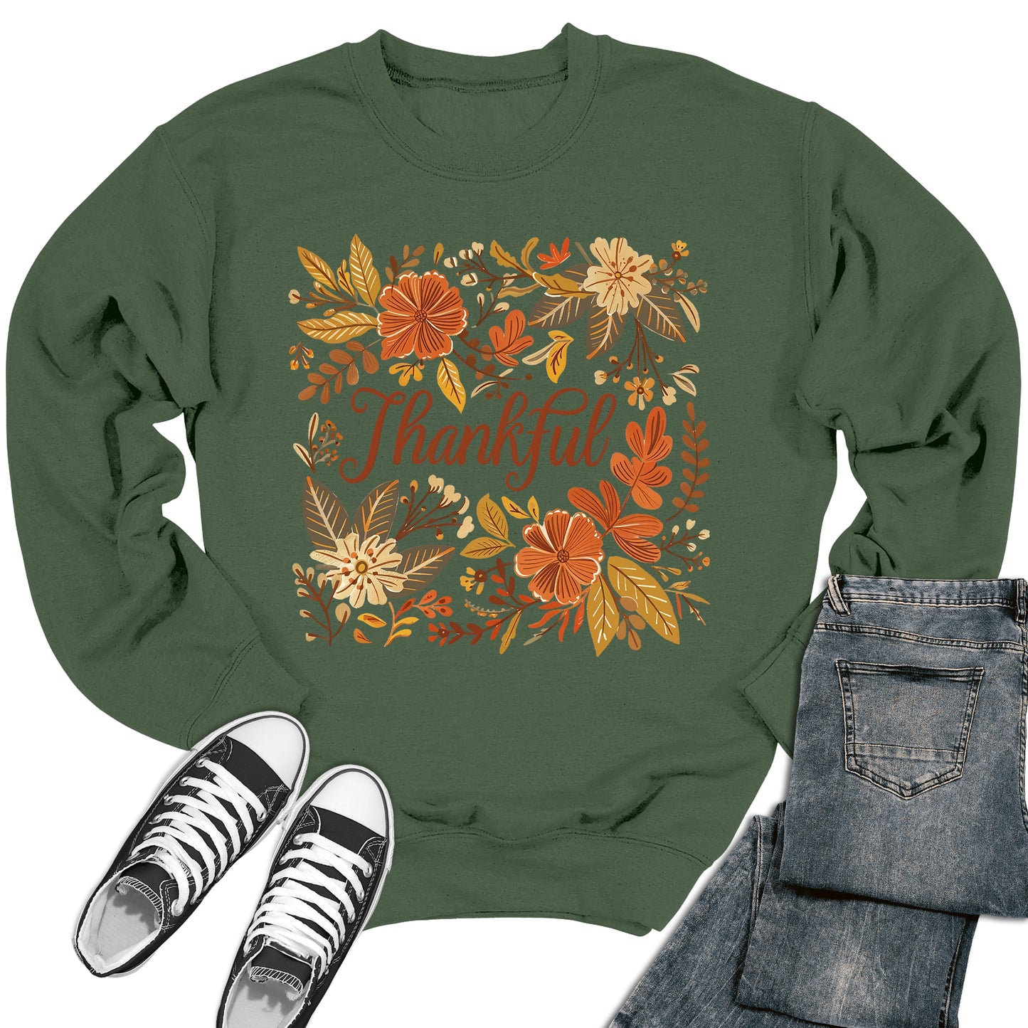 Women's Fall Thankful Crewneck Floral Thanksgiving Sweatshirt