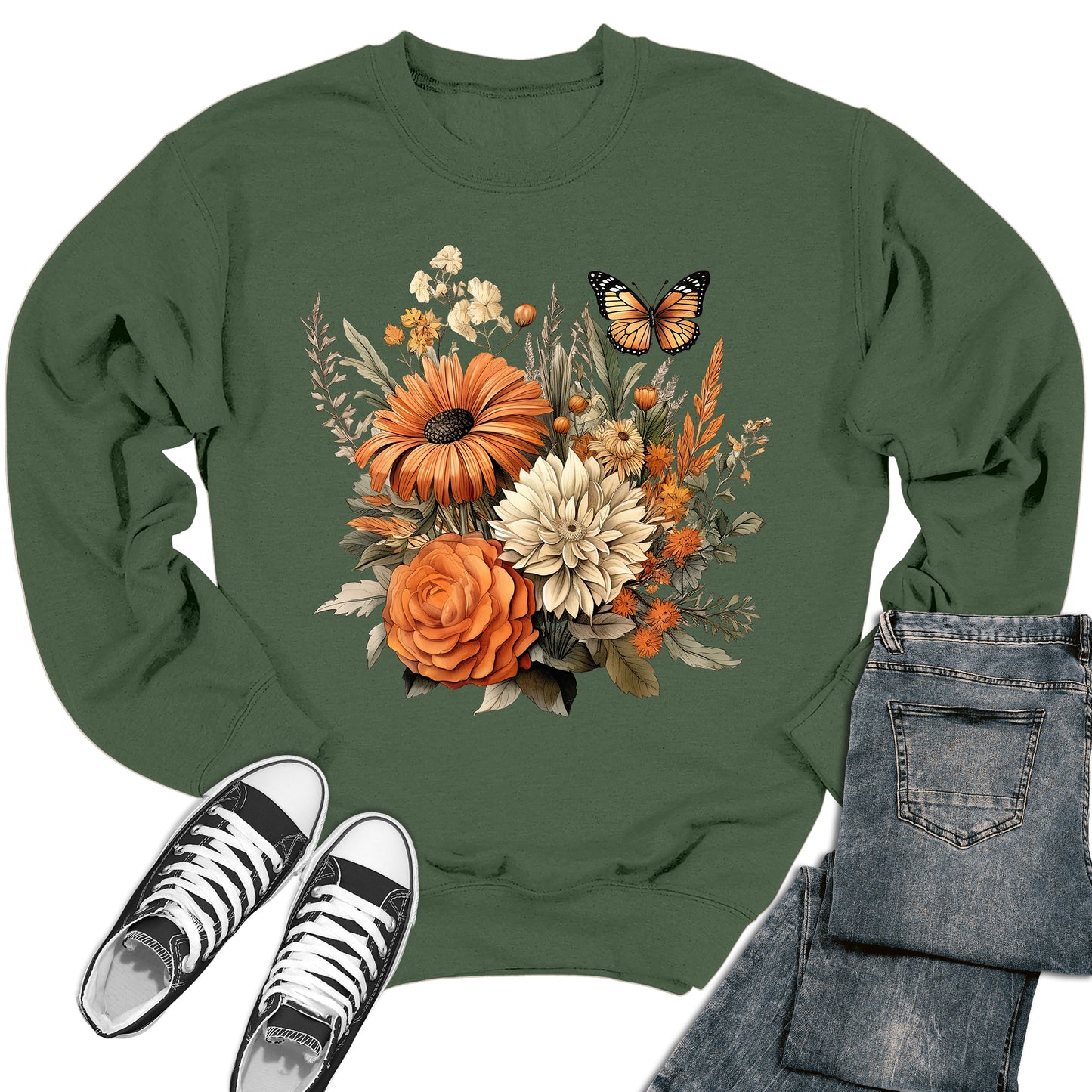 Butterfly Autumn Flower Crewneck Sweatshirt