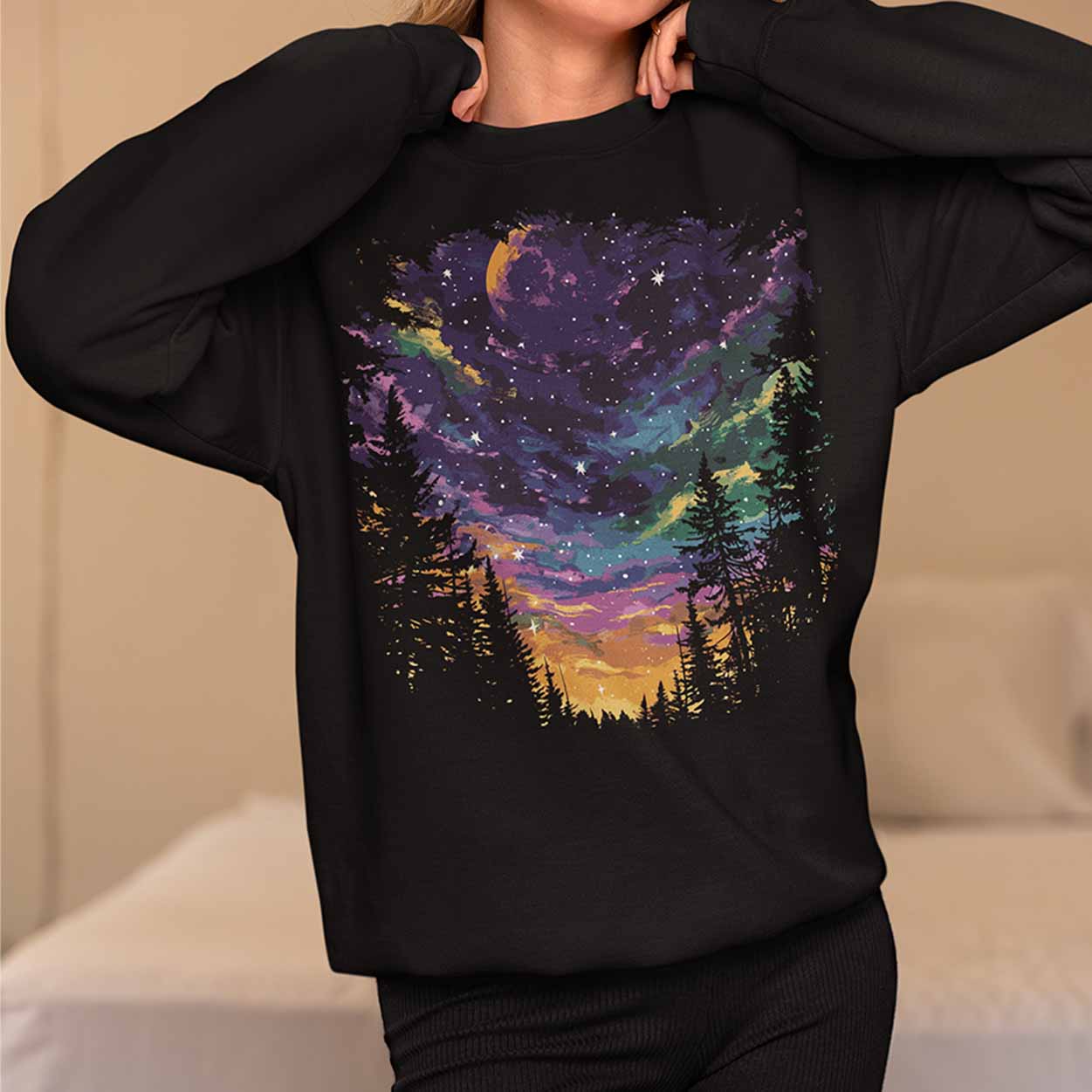 Women's Night Sky Purple Moon Crewneck Sweatshirt