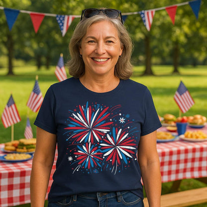4th of July Shirts For Women Patriotic Graphic Tees Floral Fireworks Bella Plus Sized Tops