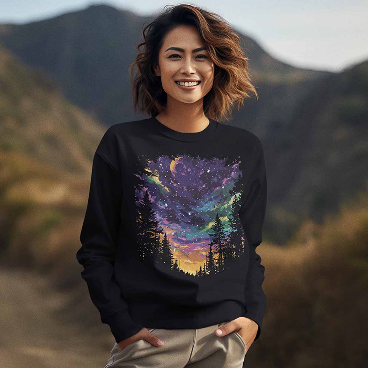 Women's Night Sky Purple Moon Crewneck Sweatshirt