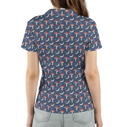 Cottagecore Polo Golf Shirt for Women Mushroom Moon Aesthetic Fantasy Moisture Wicking Short Sleeve Top