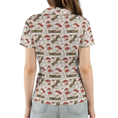 Cottagecore Polo Golf Shirt for Women Mushroom Log Print Vintage Moisture Wicking Short Sleeve Top