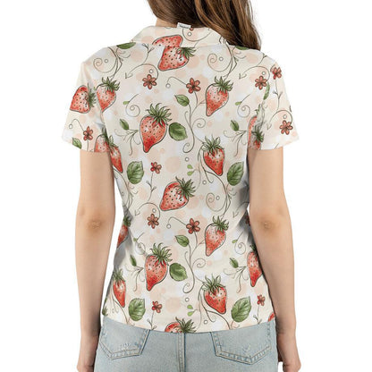 Cottagecore Polo Golf Shirt for Women Strawberry Floral Vintage Aesthetic Summer Outfit Moisture Wicking Short Sleeve Top