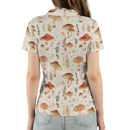 Cottagecore Polo Golf Shirt for Women Mushroom Forest Aesthetic Boho Nature Lover Outfit Moisture Wicking Short Sleeve Top