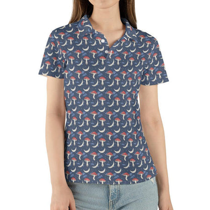 Cottagecore Polo Golf Shirt for Women Mushroom Moon Aesthetic Fantasy Moisture Wicking Short Sleeve Top