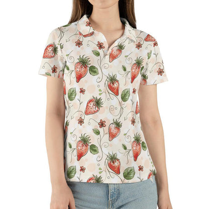 Cottagecore Polo Golf Shirt for Women Strawberry Floral Vintage Aesthetic Summer Outfit Moisture Wicking Short Sleeve Top