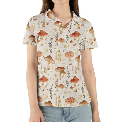 Cottagecore Polo Golf Shirt for Women Mushroom Forest Aesthetic Boho Nature Lover Outfit Moisture Wicking Short Sleeve Top