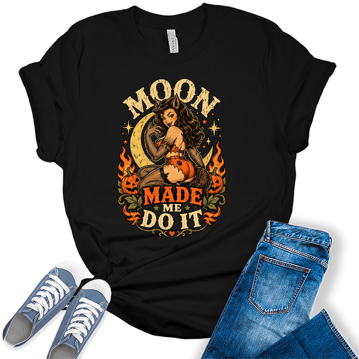 Women's Halloween Shirt Fall Moon Graphic Tees Funny Sarcastic Short Sleeve Bella Tops