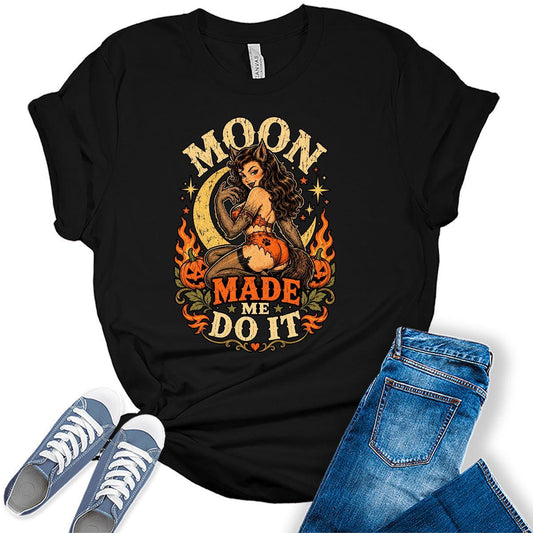 Women's Halloween Shirt Fall Moon Graphic Tees Funny Sarcastic Short Sleeve Bella Tops