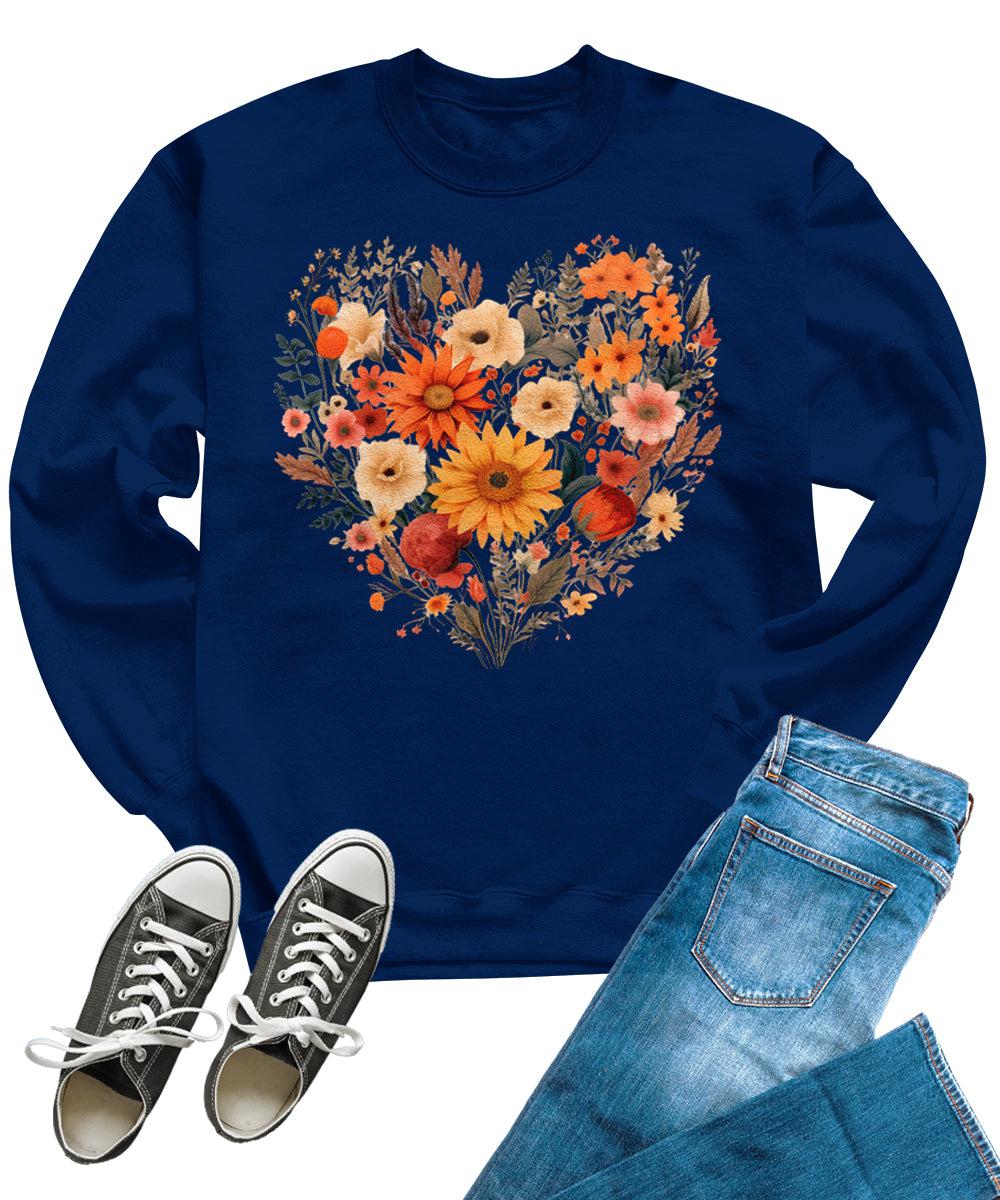 Fall Floral Heart Cute Crewneck Sweatshirts for Women Autumn Tops