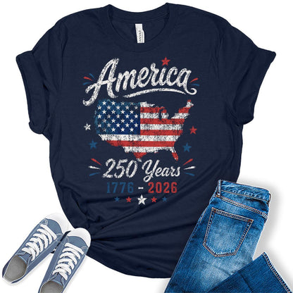 Women's 4th of July 250th Anniversary USA Merchandise America Shirt Vintage Patriotic Graphic Tees