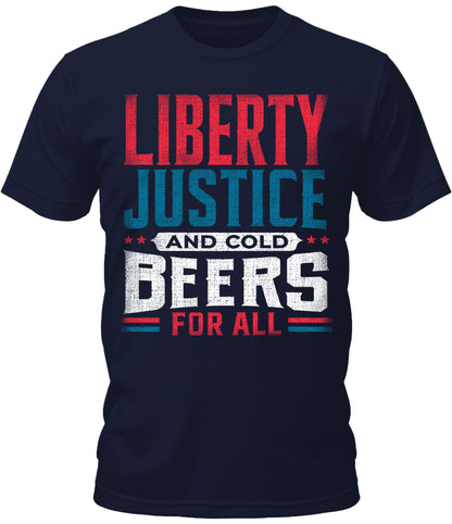 Men's 4th of July Shirt Liberty Justice and Cold Beers for All Patriotic Graphic Tees