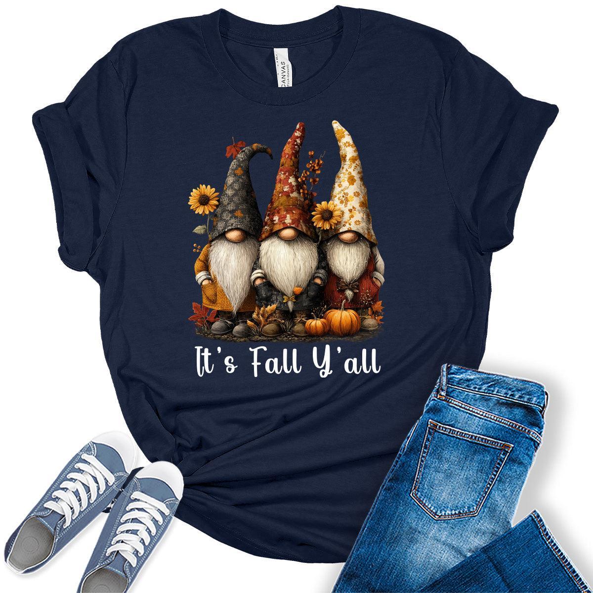 It's Fall Y'all Gnomes Shirts Women's Graphic Tees Autumn Vintage Boho T Shirts Bella Plus Size Tops