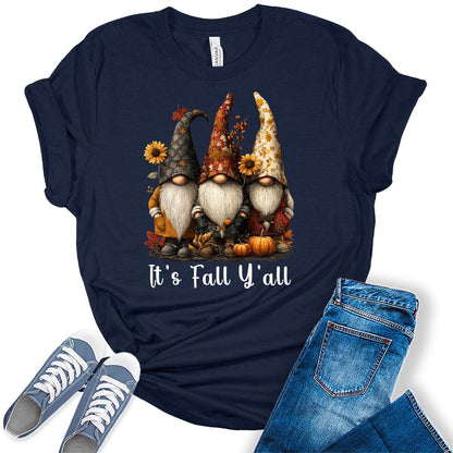 It's Fall Y'all Gnomes Shirts Women's Graphic Tees Autumn Vintage Boho T Shirts Bella Plus Size Tops