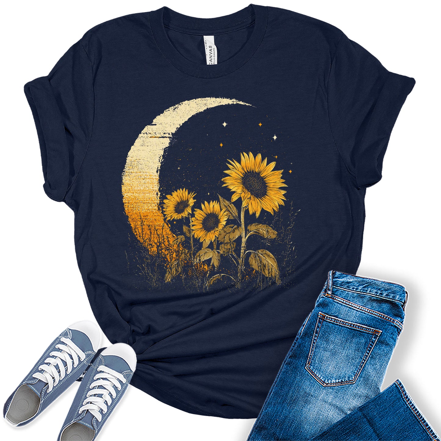 Vintage Sunflower Moon Shirt for Women Boho Graphic Tee Bella Short Sleeve Casual Top